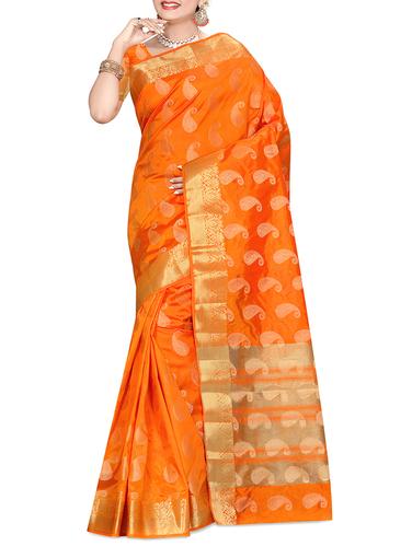 paisley zari orange kanjivaram saree with blouse - 15434858 - Very Small Image - 1