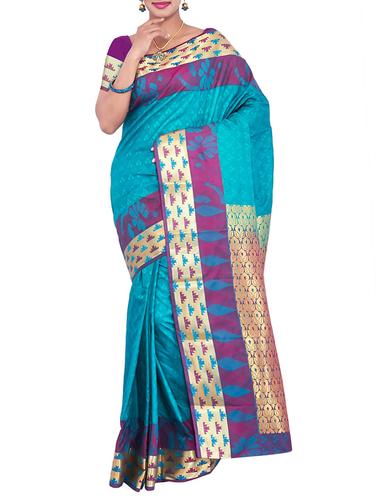 gold border blue kanjivaram saree with blouse - 15434939 - Very Small Image - 1