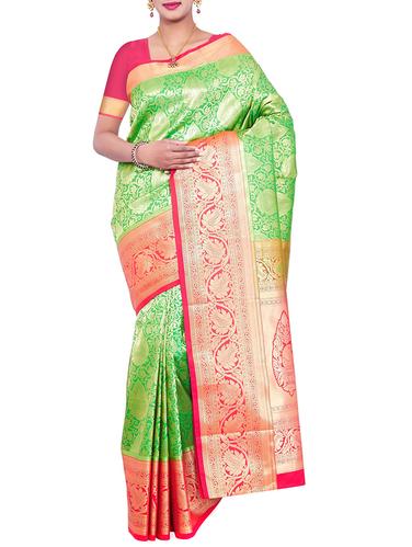 contrast border green kanjivaram saree with blouse - 15434960 - Very Small Image - 1