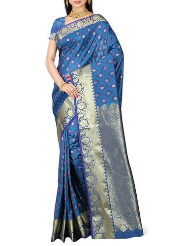 zari motif blue kanjivaram saree with blouse - 15434979 - Very Small Image - 1