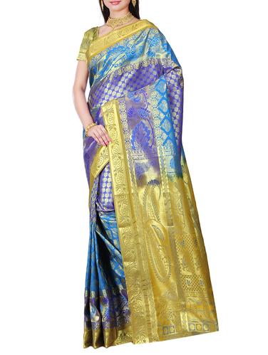 gold border blue kanjivaram saree with blouse - 15434996 - Very Small Image - 1