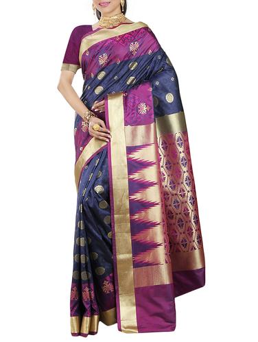 zari motif blue kanjivaram saree with blouse - 15435012 - Very Small Image - 1