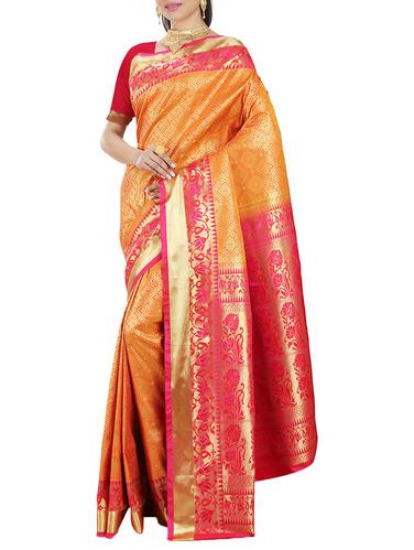 gold border orange kanjivaram saree with blouse - 15435018 - Very Small Image - 1
