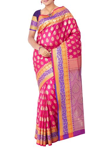 zari motif pink kanjivaram saree with blouse - 15435027 - Very Small Image - 1
