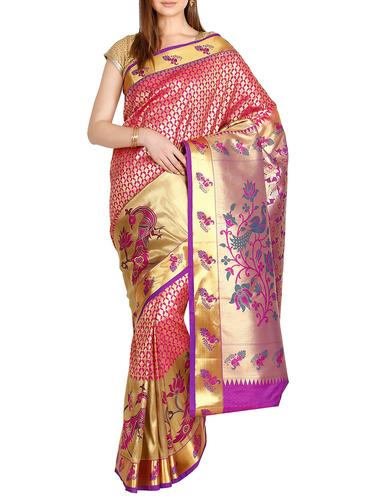 zari motif pink kanjivaram saree with blouse - 15435037 - Very Small Image - 1