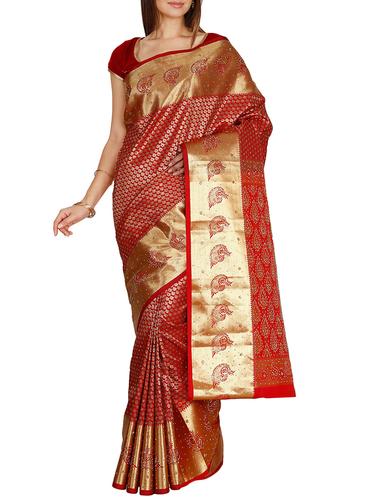 embellished zari red kanjivaram saree with blouse - 15435039 - Very Small Image - 1