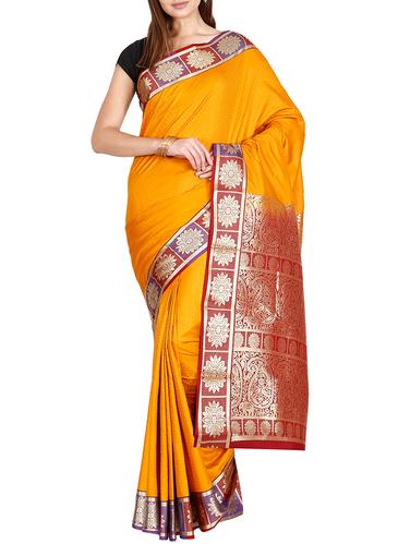 mustard zari kanjivaram saree with blouse - 15435041 - Very Small Image - 1