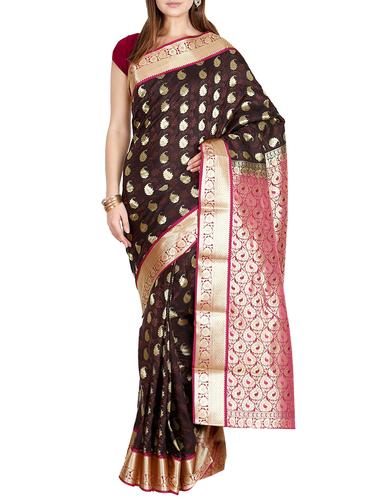zari motif brown kanjivaram saree with blouse - 15435043 - Very Small Image - 1