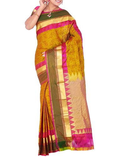 floral motif mustard kanjivaram saree with blouse - 15435054 - Very Small Image - 1