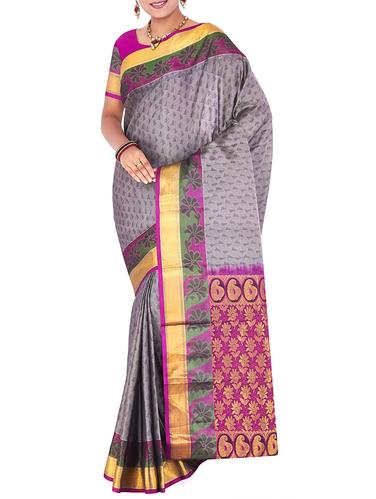 contrast border grey kanjivaram saree with blouse - 15435066 - Very Small Image - 1