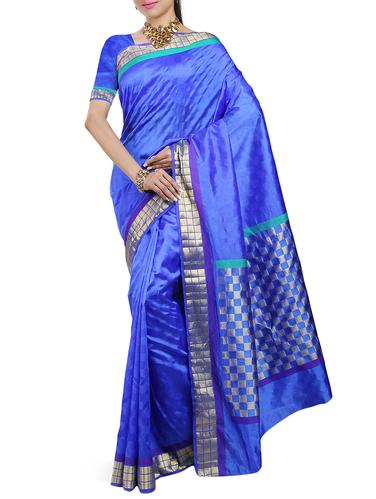 checkered border blue kanjivaram saree with blouse - 15435069 - Very Small Image - 1