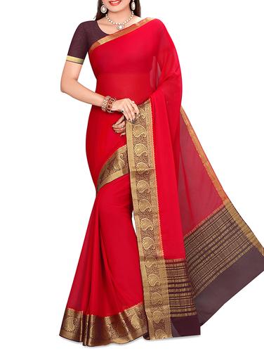 paisley zari border red saree with blouse - 15435073 - Very Small Image - 1