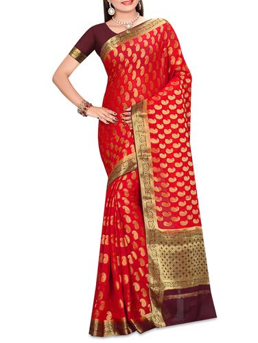 paisley motif red kanjivaram saree with blouse - 15435078 - Very Small Image - 1