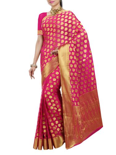 paisley motif pink kanjivaram saree with blouse - 15435085 - Very Small Image - 1