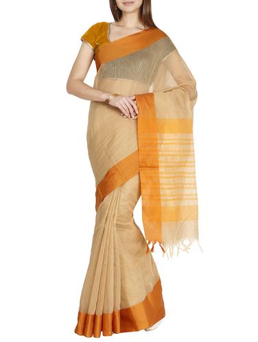 striped pallu linen handloom saree with blouse - 15435109 - Very Small Image - 1