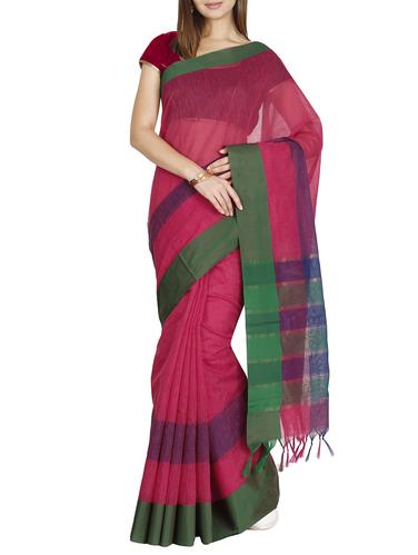 contrast border linen handloom saree with tassels with blouse - 15435111 - Very Small Image - 1