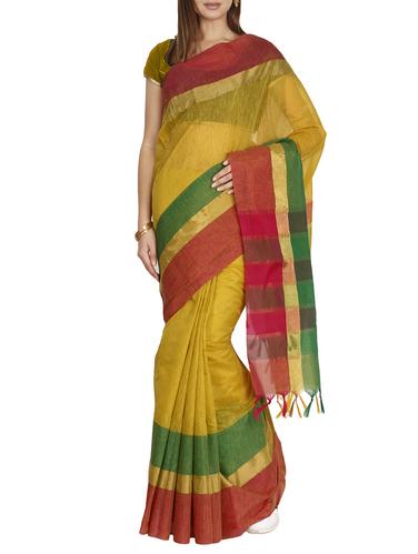 contrast striped border linen handloom saree with blouse - 15435114 - Very Small Image - 1