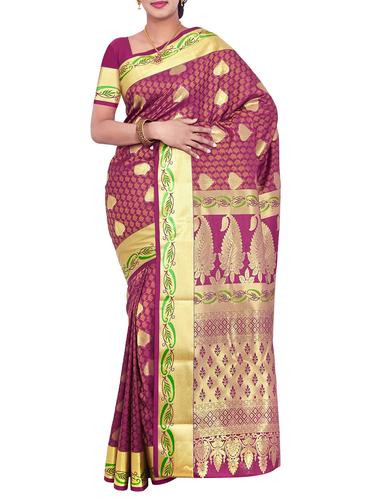 gold border paisley kanjivaram saree with blouse - 15435558 - Very Small Image - 1