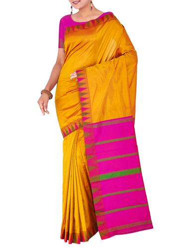 contrast border mustard kanjivaram saree with blouse - 15435583 - Very Small Image - 1