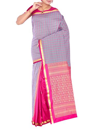 contrast border checkered kanjivaram saree with blouse - 15435589 - Very Small Image - 1