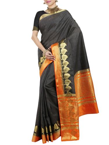 contrast zari border tussar saree with blouse - 15435626 - Very Small Image - 1
