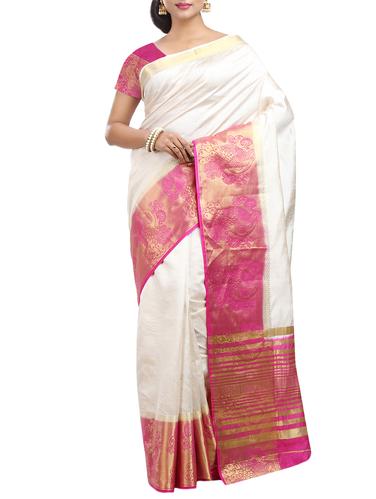 contrast zari border tussar saree with blouse - 15435631 - Very Small Image - 1
