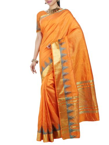 gold temple border tussar saree with blouse - 15435633 - Very Small Image - 1