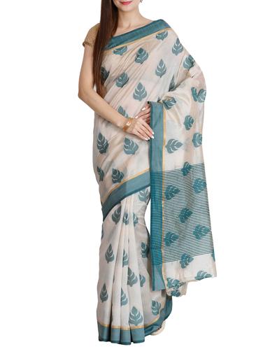contrast jacquard motif tussar saree with blouse - 15435659 - Very Small Image - 1