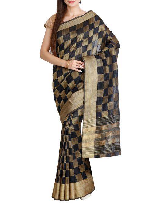 contrast checkered tussar saree with blouse - 15435663 - Standard Image - 1