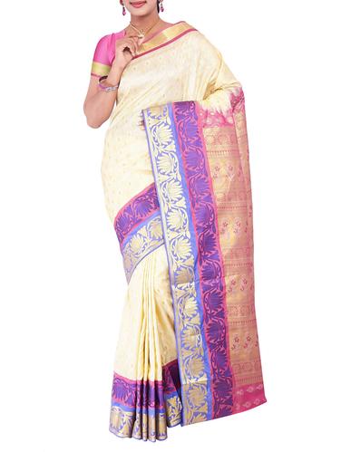 contrast zari floral kanjivaram saree with blouse - 15436163 - Very Small Image - 1