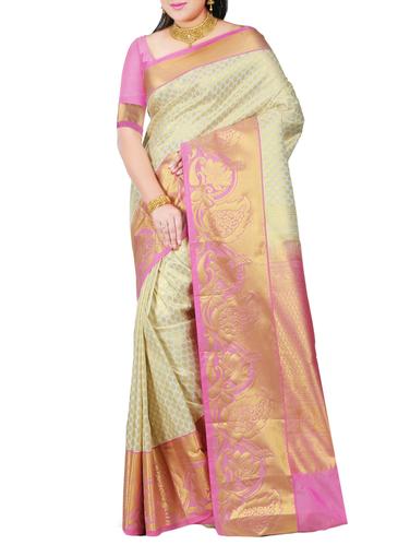 contrast zari border kanjivaram saree with blouse - 15436172 - Very Small Image - 1