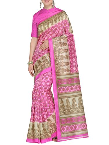 Contrast bordered printed saree with blouse - 15437023 - Very Small Image - 1