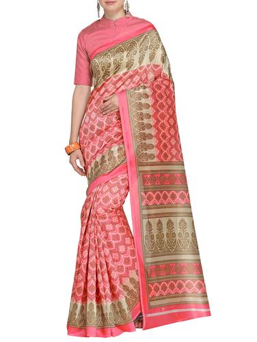 Contrast bordered printed saree with blouse - 15437024 - Very Small Image - 1
