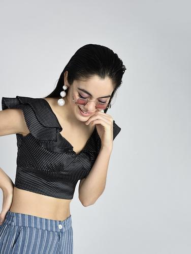 ruffled neck polka dot crop top - 15438138 - Very Small Image - 1