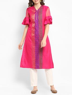 Chanderi bell seelve kurta with pant set - 15438273 - Standard Image - 1