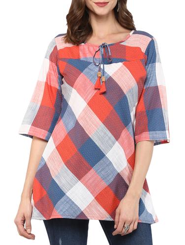 tie up neck checkered tunic - 15439020 - Very Small Image - 1