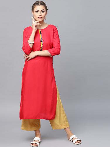 Rose red straight kurta with tassels - 15440517 - Very Small Image - 1