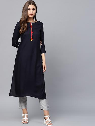 Twilight blue straight kurta with tassels - 15440518 - Very Small Image - 1
