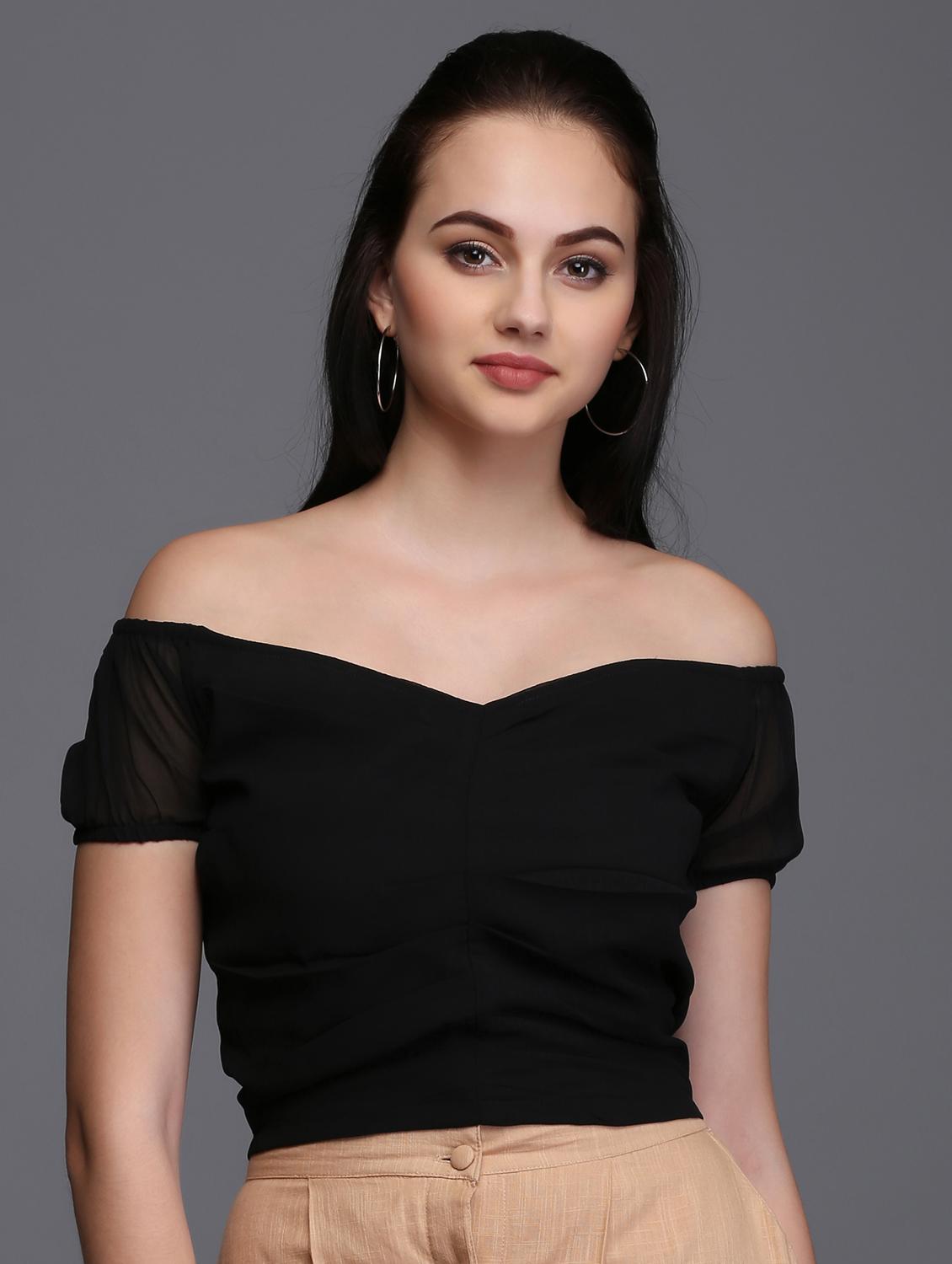 off shoulder pleated crop top - 15445243 - Zoom Image - 1