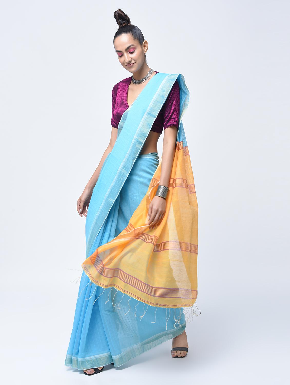 contrast striped pallu jamdani saree with blouse - 15452435 - Zoom Image - 1