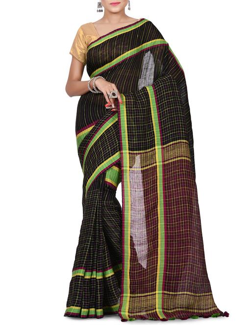 contrast threads linen handloom saree with blouse - 15453091 - Very Small Image - 1