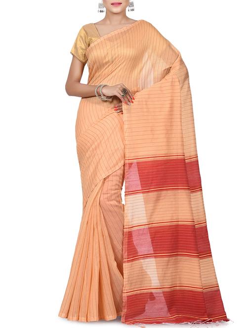 contrast pallu striped handloom saree with blouse - 15453103 - Very Small Image - 1
