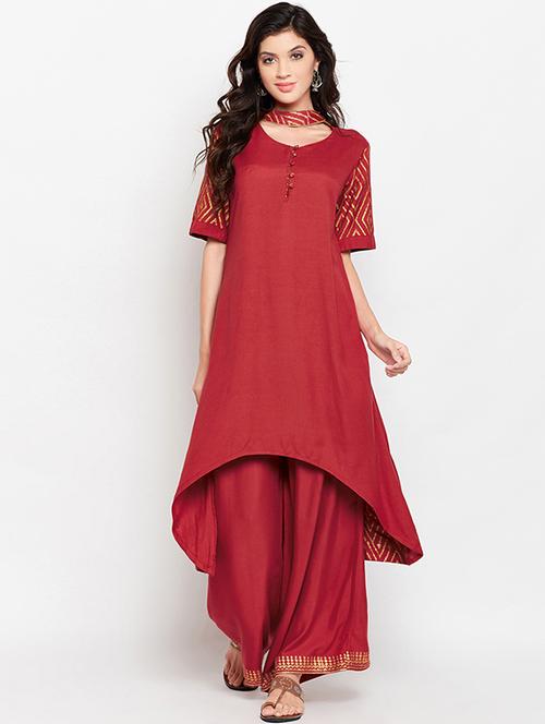 Gold printed high-low kurta with palazzo - 15455356 - Standard Image - 1
