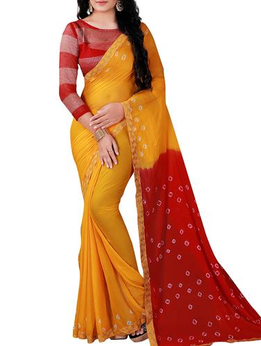 contrast pallu lace bandhani saree with blouse - 15457049 - Very Small Image - 1