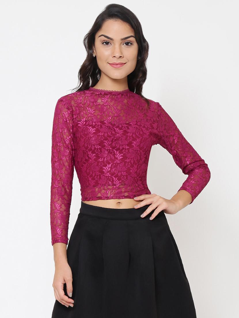 back zip-up lace detailed crop top - 15460951 - Zoom Image - 1