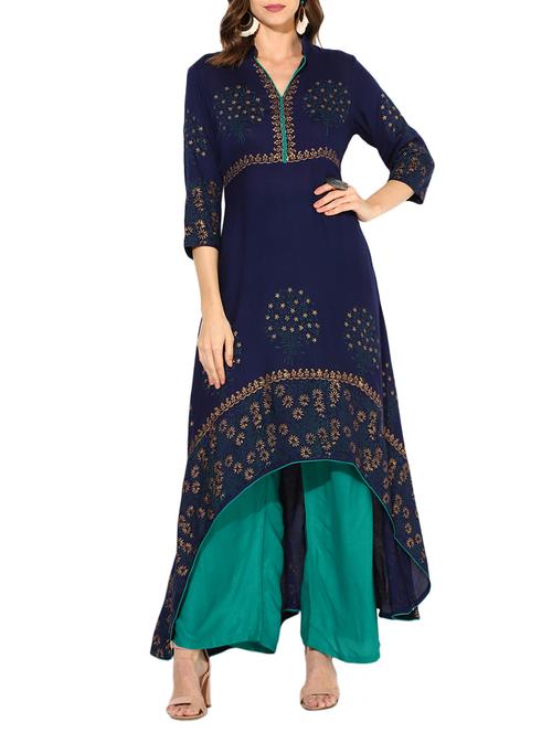 high-low block printed kurta - 15462865 - Standard Image - 1