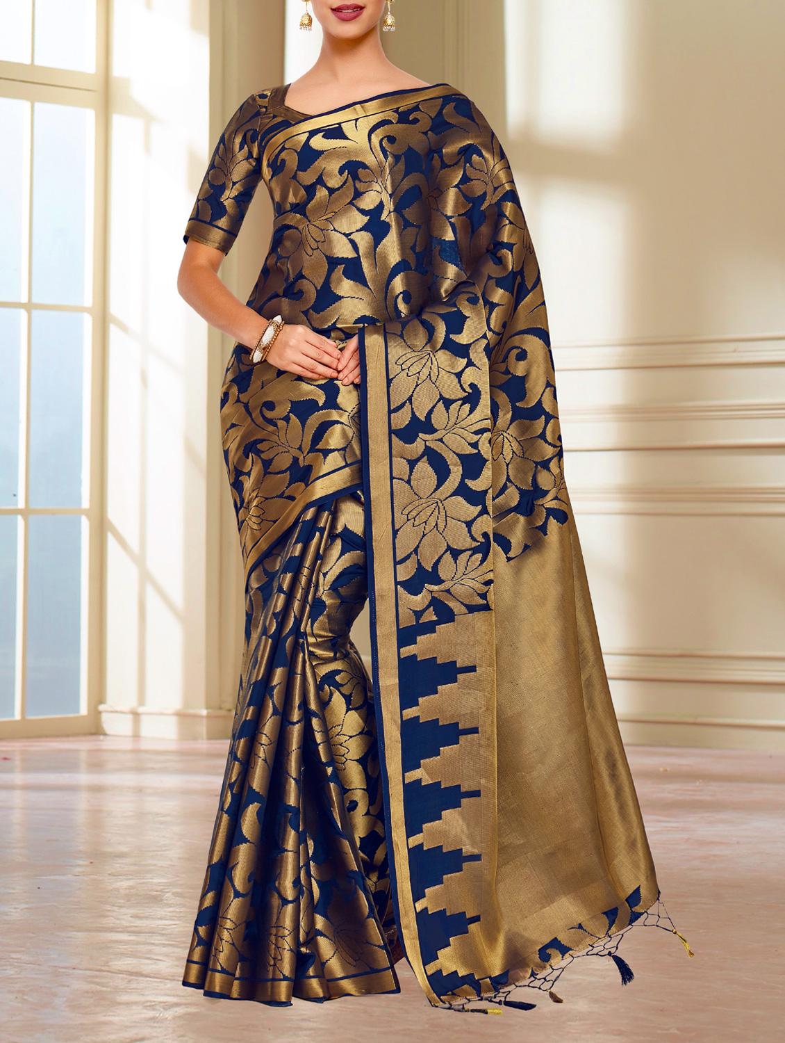 gold zari floral kanjivaram saree with blouse - 15463991 - Zoom Image - 1