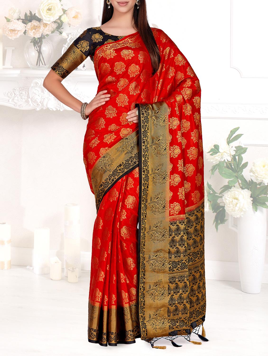 contrast border paisley kanjivaram saree with blouse - 15464163 - Zoom Image - 1