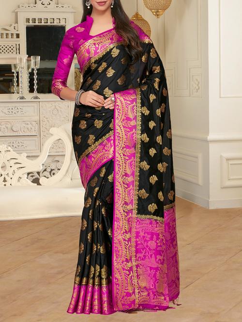 contrast pallu floral kanjivaram saree with blouse - 15464246 - Standard Image - 1