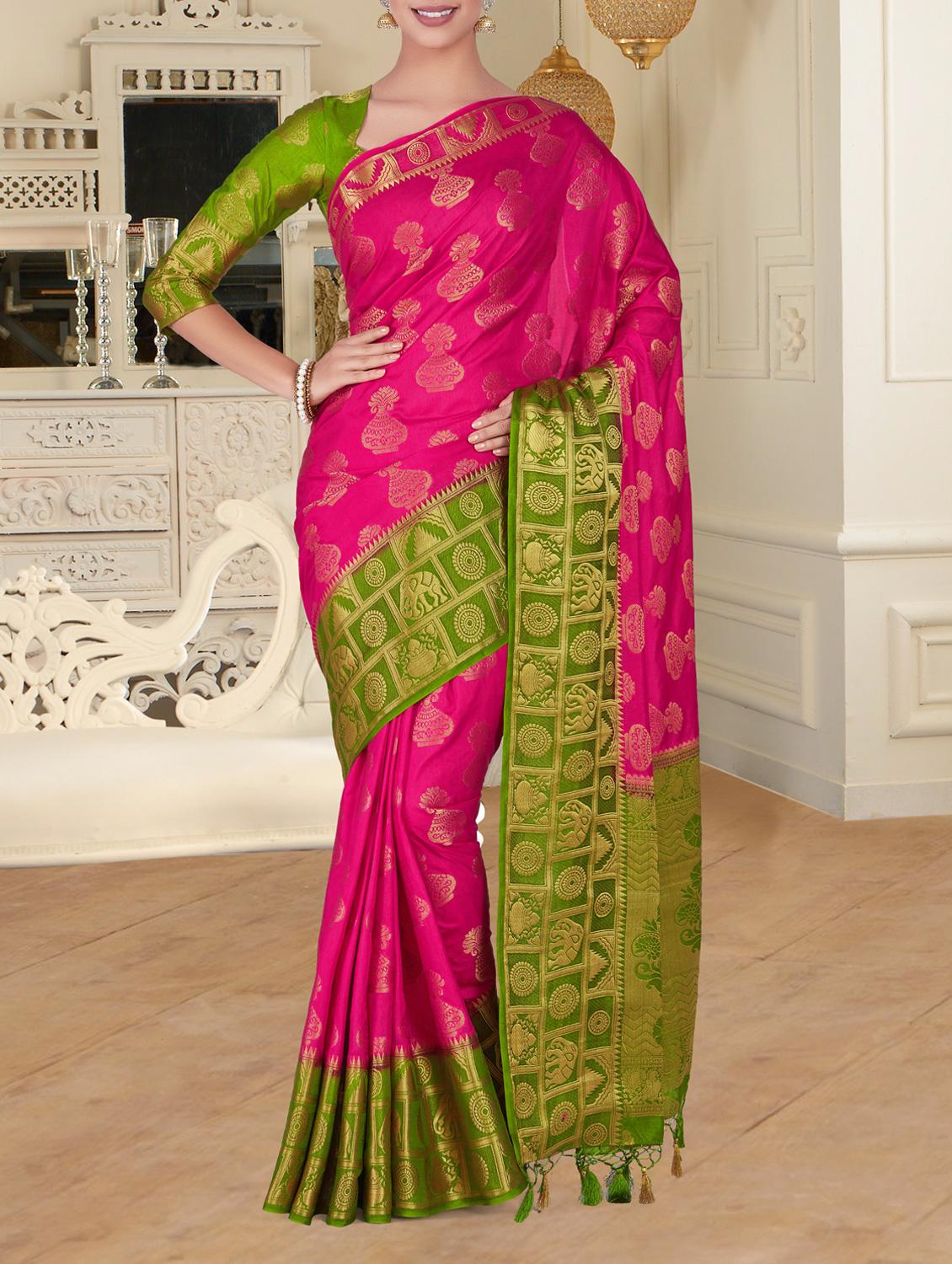 contrast conversational border kanjivaram saree with blouse - 15464271 - Zoom Image - 1